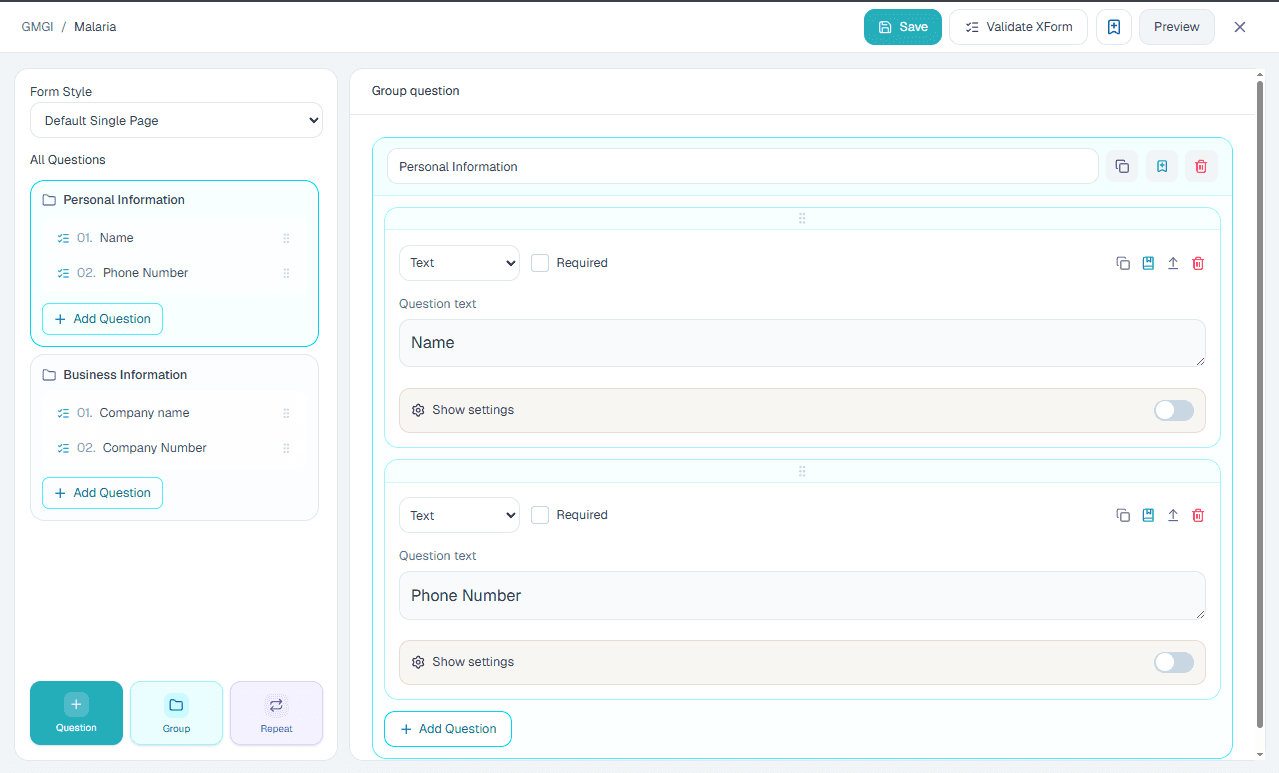 Group setup in the ComMicPlan form builder