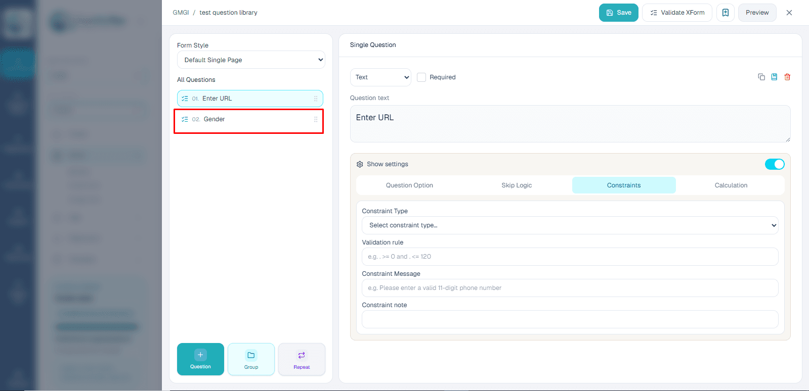 Library question creation form