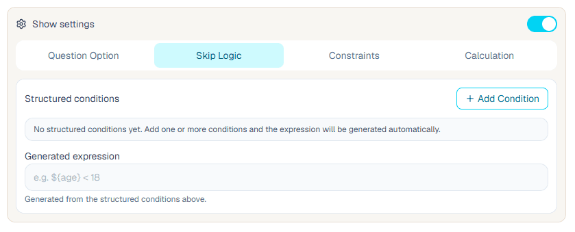 Skip logic panel in the ComMicPlan form builder
