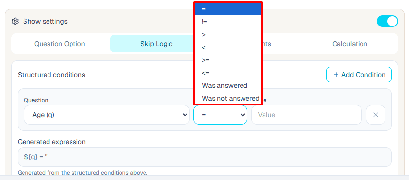Skip logic operator options in the builder