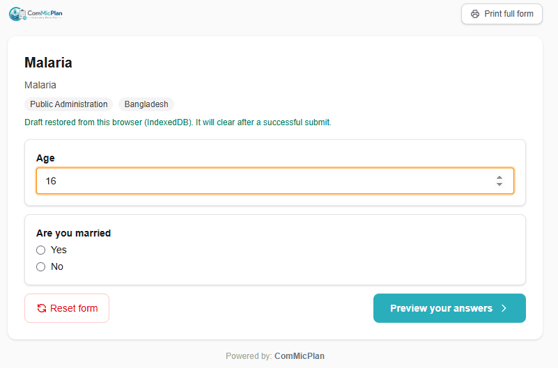 ComMicPlan preview for was answered logic with Q2 visible after Age is answered