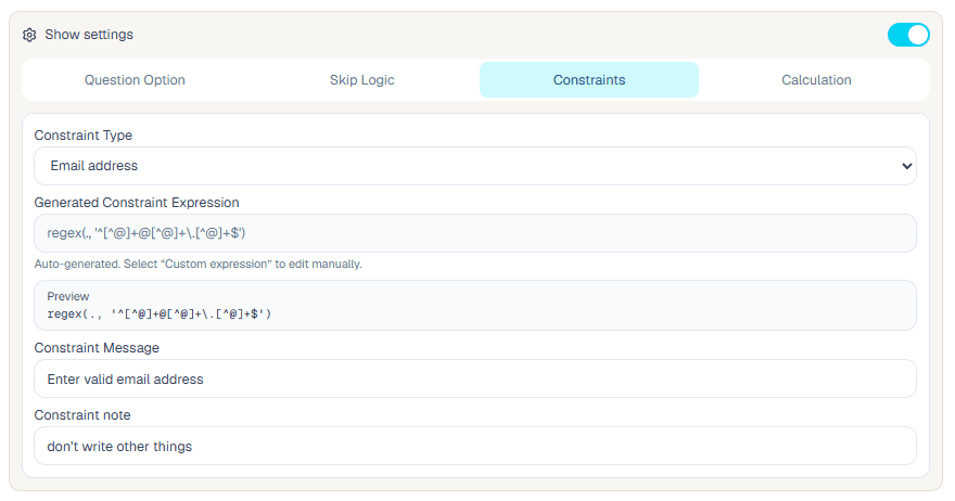 Email address constraint setup