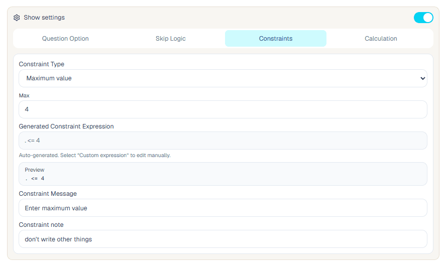 Maximum value constraint setup in the ComMicPlan form builder
